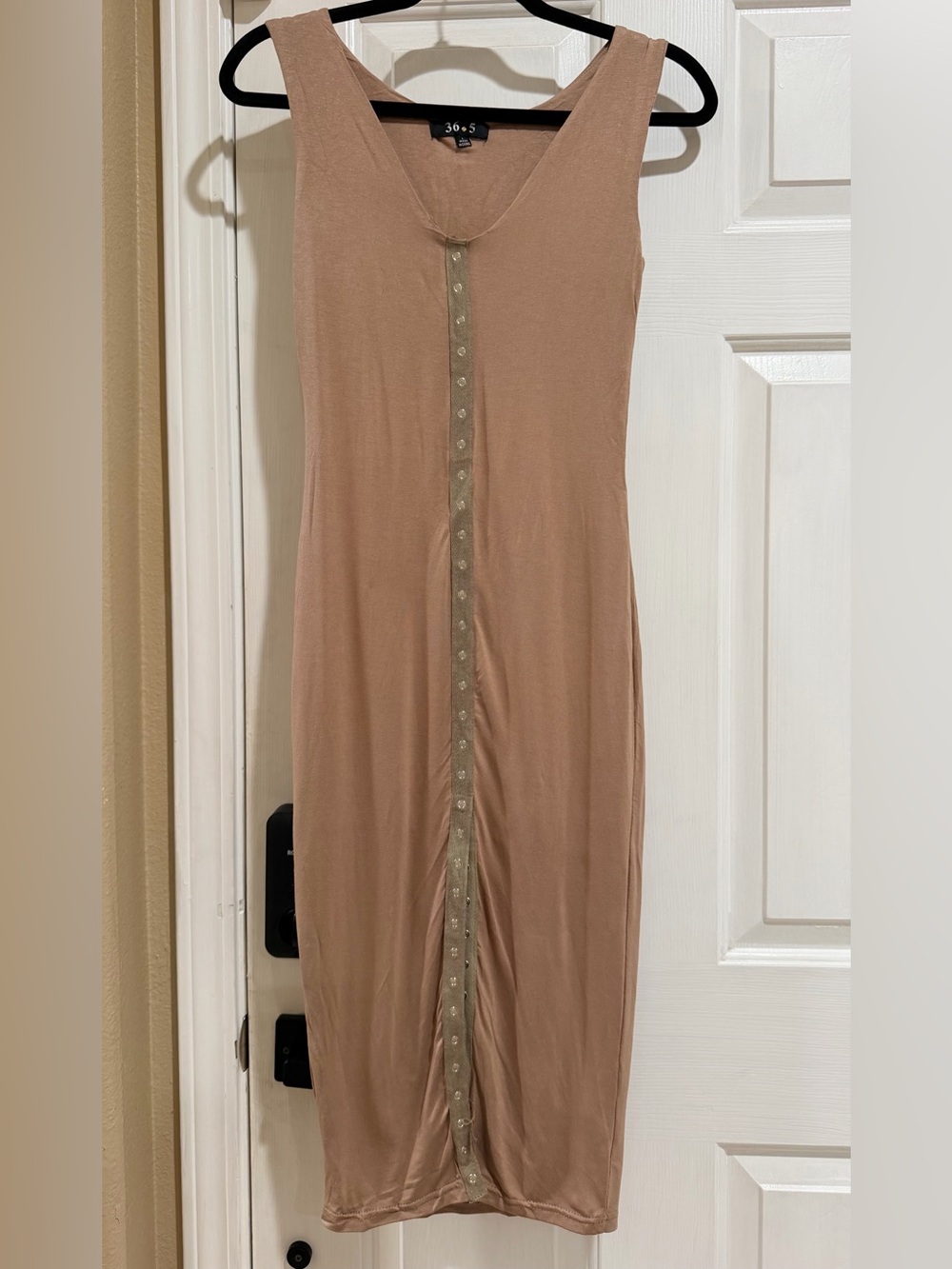 Sleeveless Beige Midi Dress with Front Stud Trim